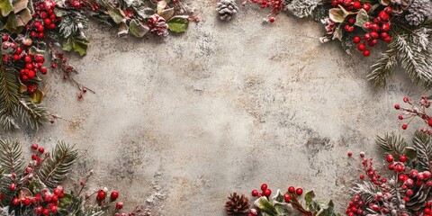 Christmas themed decorative frame featuring lush green foliage, red berries, pine cones, and a textured grey background, ideal for festive celebrations.
