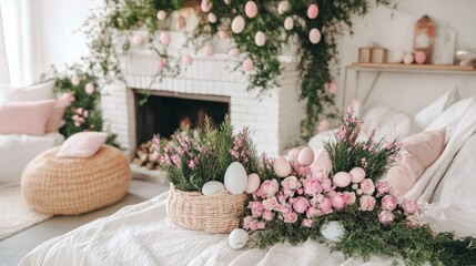 Elegant spring-themed decor of pastel flowers and Easter eggs by a white fireplace, creating a festive and cozy atmosphere