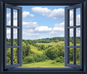 Open window view of scenic landscape with green hills and blue sky.