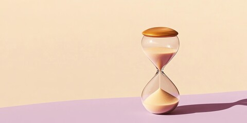 Hourglass with golden top filled with sand on violet table against soft beige background symbolizing the passage of time and menopause concept