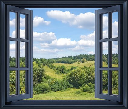 Fototapeta Open window view of scenic landscape with green hills and blue sky.