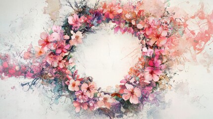 17.Colorful botanical wreath with a focus on soft pink blossoms, accented by digital watercolor splashes and fine detailing, ideal for invitation designs.