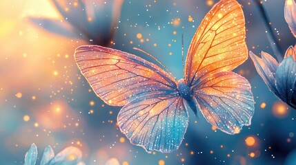 Fantasy watercolor idea. A stunning butterfly gracefully flutters among colorful flowers in a dreamy setting.