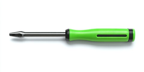 Green handled screwdriver with a shiny metal shaft positioned horizontally on a clean white background ideal for advertising and marketing purposes.