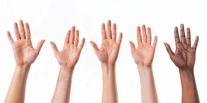 Diverse human hands raised in open position against a bright white background showcasing different skin tones from left to right in a linear arrangement.