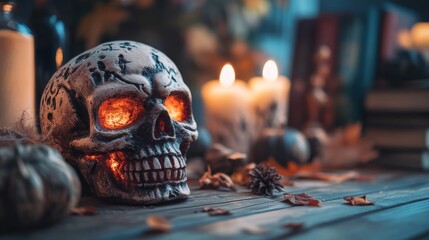 Halloween-themed decorations on a rustic wooden desk with pumpkins, autumn leaves, and festive accents, perfect for spooky season, halloween celebrations, and thanksgiving-themed events with copy spac