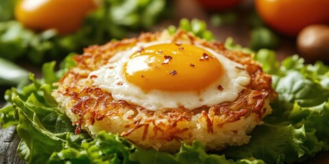 Breakfast hash brown topped with sunny side up egg served on vibrant green lettuce with a rustic wooden background and soft warm lighting.