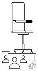 Office chair on wheels elevated above four abstract people icons and a falling coin. Ideal for leadership, hierarchy, career, decision-making, management concepts, and workplace dynamics. Abstract