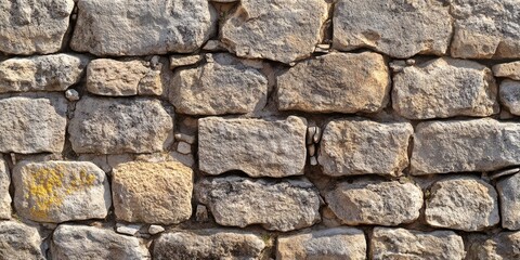 Ancient stone wall texture featuring rustic beige and gray stones arranged horizontally, showcasing traditional construction techniques in historic architecture.