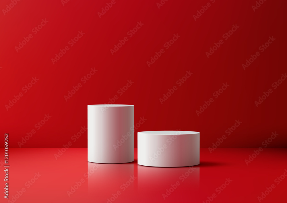 Poster minimalist 3d cylindrical empty platforms on vibrant red backdrop for product display mockup and sho