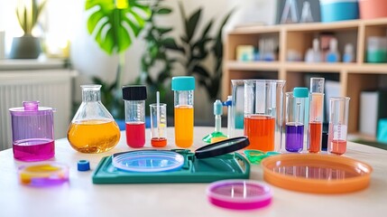 A tidy science kit setup with magnifying glasses, petri dishes, and colorful experiments