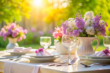 Elegant Spring Dinner Table Setting with White and Lilac Flowers, High Depth of Field