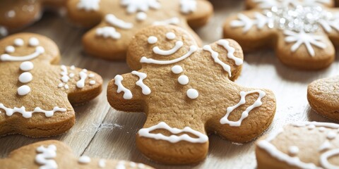 Gingerbread cookies shaped like cheerful figures with white icing details on a wooden surface creating a festive and warm holiday atmosphere