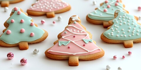 Festively decorated tree-shaped cookies in pastel pink and blue icing surrounded by shiny pink and silver ornaments on a white background.