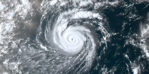 A swirling hurricane seen from above, featuring a well-defined eye and surrounding cloud patterns over the ocean. Concept Hurricane Formation, Aerial Weather Patterns, Eye of the Storm