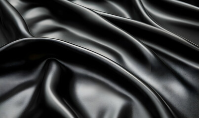Fototapeta premium Black silk fabric folds, dark background, studio shot, luxury texture