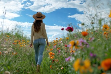 A woman in a stylish hat strolls through a colorful flower field, surrounded by blossoms and bathed in sunlight on a clear day. The bright blooms create a serene atmosphere