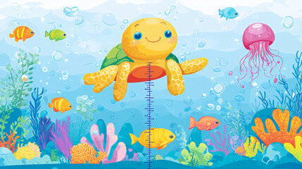 Obraz premium Kids height chart with underwater cartoon sea animals, vector growth measure. Kids height meter or baby tall scale with fishes in ocean water, jellyfish, octopus and smiling turtle with flounder
