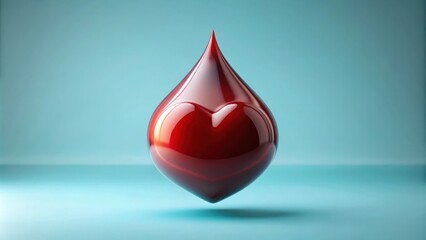 A single drop of blood in the shape of a heart against a light blue background