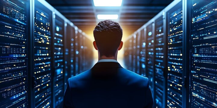 A person in a suit is standing in front of rows of illuminated server racks in a data center. Concept Professional Attire, Data Center Environment, Server Racks, Technology Infrastructure