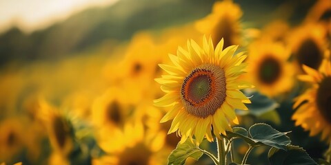 Fototapeta premium Vibrant sunflower field in focus with a background blur featuring golden yellow petals and lush green leaves illuminated by warm sunlight.