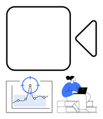 Video play icon, analytics chart with a target marker, and person using a laptop. Ideal for media production, education, data insights, teamwork, remote work, e-learning modern communication