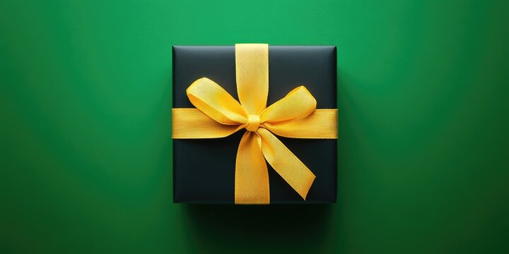Stylish black gift box adorned with a vibrant yellow ribbon on a rich green background showcasing a top view with ample copy space for promotions