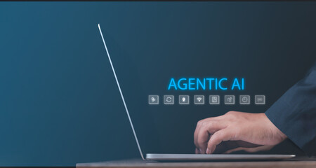 Businessman connects with robotics through a virtual screen, showcasing advanced agentic AI and intelligent systems for automation, collaboration