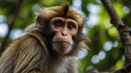 A young monkey sits in a tree, gazing intently. Its fur is a mix of brown and gold, and its large, expressive eyes draw the viewer in.