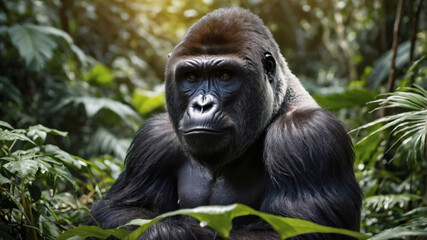 Obraz premium Majestic gorilla in lush rainforest habitat, showcasing its powerful physique and intense gaze.