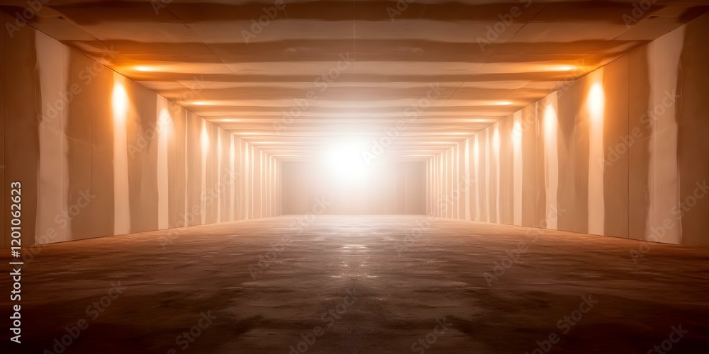 Poster a spacious, illuminated room with white walls and a bright light source at the far end, creating a d