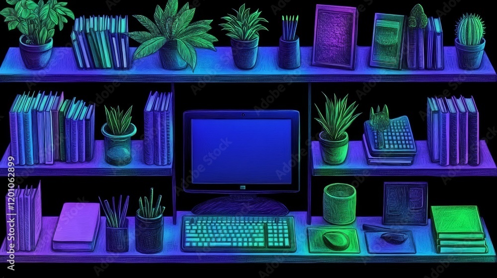 Poster neon-lit computer desk with various plants and objects arranged on shelves