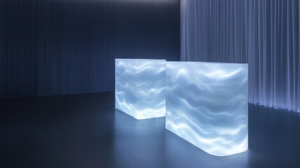 Two rectangular tables in a dark room with a blue light shining on them. the tables are made of glass and have a wavy pattern on them, creating a wave-like effect.