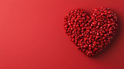 Heart shaped design made of small red hearts on vibrant red background