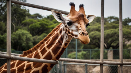 Gentle giant: A giraffe peers through a wooden enclosure, its spotted neck and calm gaze captivating.