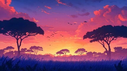 Vibrant Sunset Over African Savanna Trees and Grass
