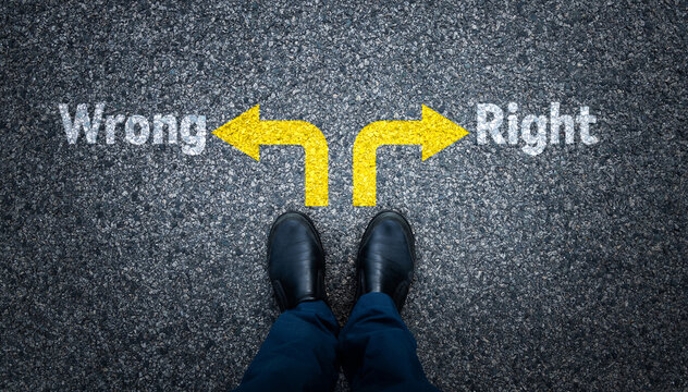 Man standing on asphalt road with text wrong and right