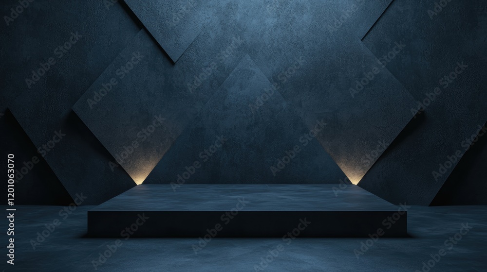 Poster empty stage with a dark blue background. the stage is in the center of the image, with a rectangular