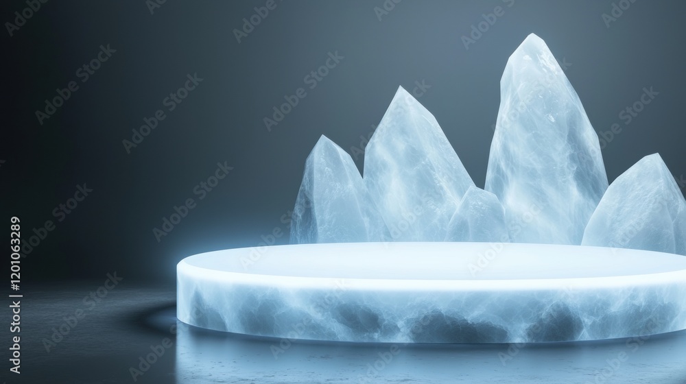 Poster 3d rendering of a circular platform made of ice. the platform is white and has a smooth surface. it 