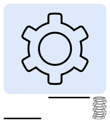 Gear icon centered in blue suggesting systems or processes, stacked coins for economic growth. Ideal for business strategy, finance planning, automation, investment, productivity, growth, abstract