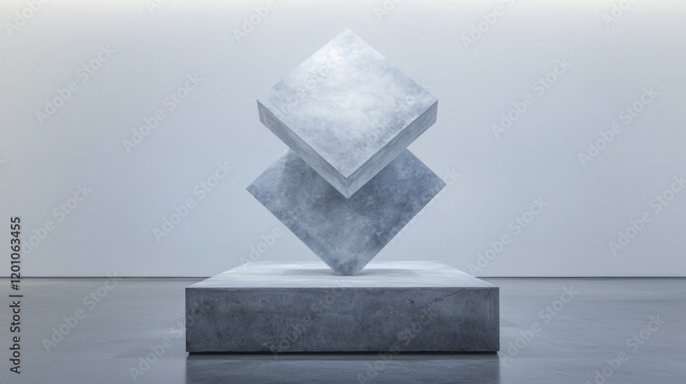 Poster modern sculpture on a concrete pedestal in an empty room with a white wall in the background. the sc