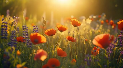 Obraz premium 28.Vast meadow filled with colorful wildflowers, primarily red poppies and violet lupines, photographed on film with warm sunlight casting a golden glow over the scene.