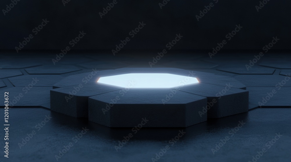 Poster dark room with a hexagonal floor made up of hexagonal tiles. in the center of the floor, there is a 