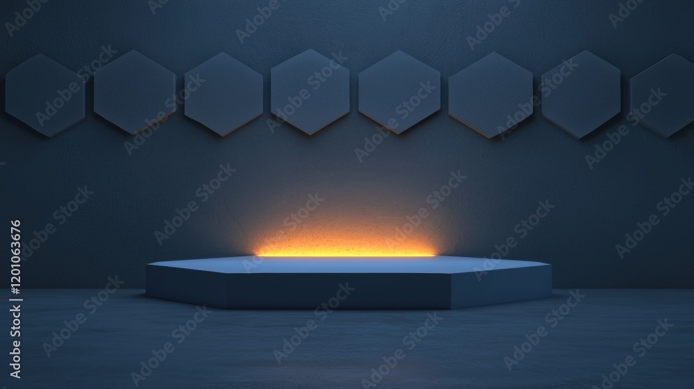 Poster dark blue room with a hexagonal pattern on the wall. the hexagons are arranged in a grid-like patter
