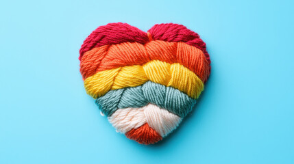 Colorful heart shaped yarn design on blue background, symbolizing creativity