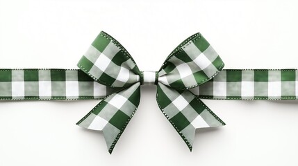 Isolated on a crisp white backdrop is a festive green and white plaid Christmas present bow with a lengthy border of curled ribbon. Ideal for packaging, marketing, and seasonal designs