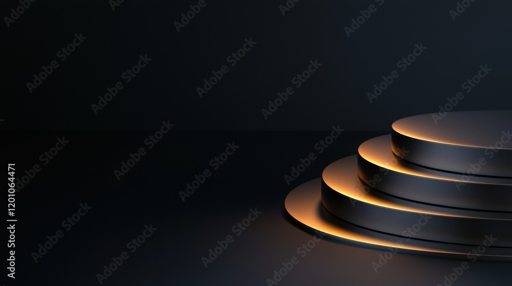 Poster 3d rendering of a circular platform or podium in a dark room. the platform is made up of three tiers