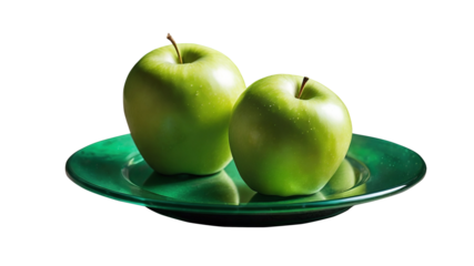 two green apples on green glass plate isolated on transparent background, cut out, png file with copy space for text