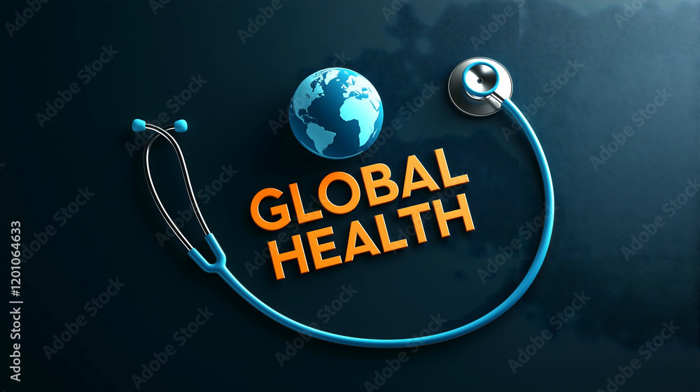 Poster a stethoscope forms a curve around a globe, symbolizing the interconnectedness of healthcare and glo