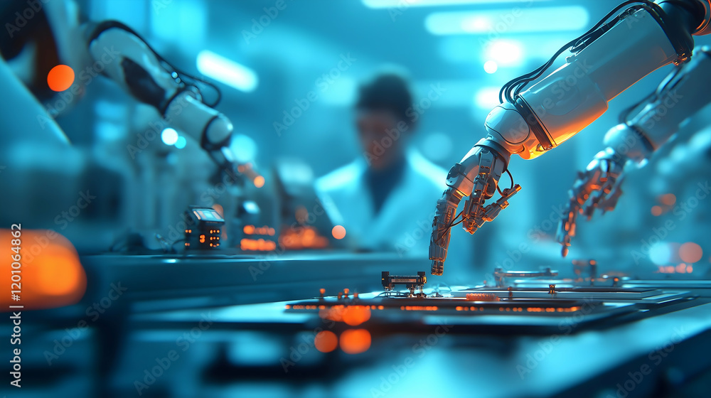 Poster a close-up of robotic arms operating in a high-tech lab environment, showcasing advanced automation 